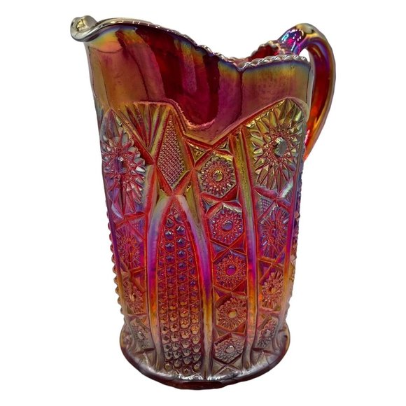 Vtg Carnival Indiana Glass Red Amberina Sunburst Iridescent Heavy Pitcher Glows - Picture 3 of 10